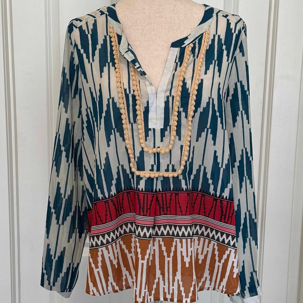 Anthropologie Maeve boho Aztec print v neck sheer tunic  top 12